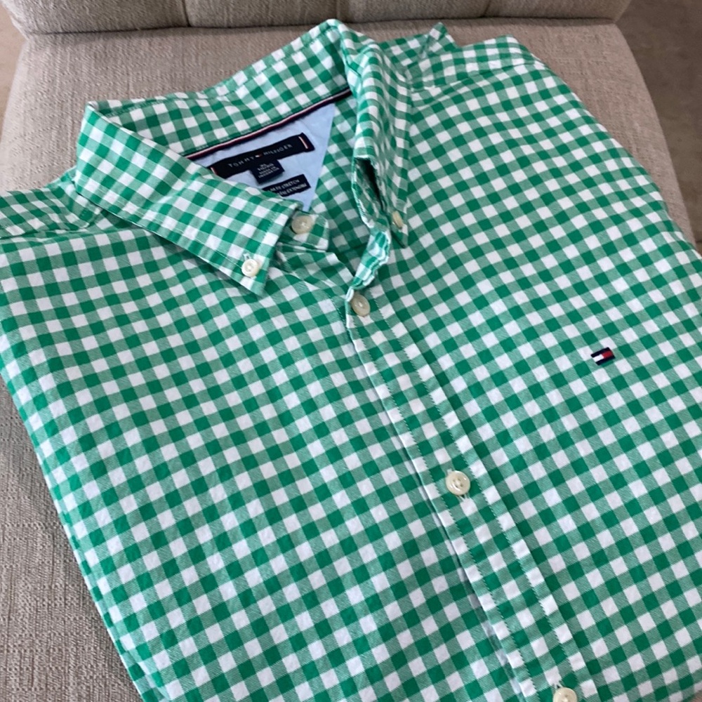 Tommy Hilfiger Men's Short Sleeve Green Gingham Casual Button Down Shirt - Sz XL